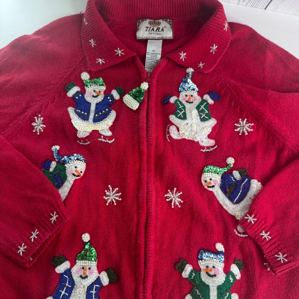 Vintage Tiara International L Petite Zip Up Christmas Sweater Snowman Grannycore